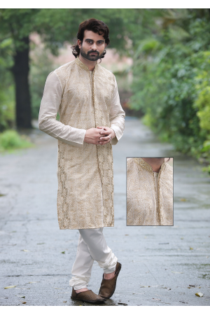 Cream with White Color Silk Fabric Kurta Set